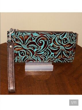 Patricia Nash  Wristlet  wallet, tooled leather aqua/ brown  floral pattern NWOT
